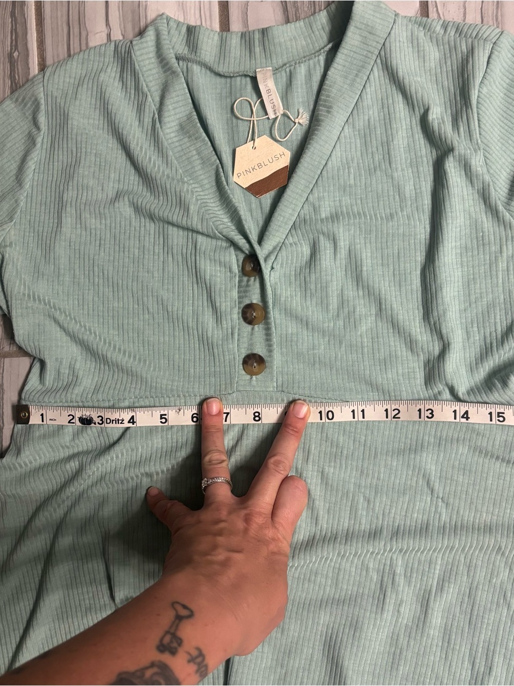 Pinkblush Mint Ribbed Short-Sleeve V-Neck Top with Button Detail - Picture 3 of 6